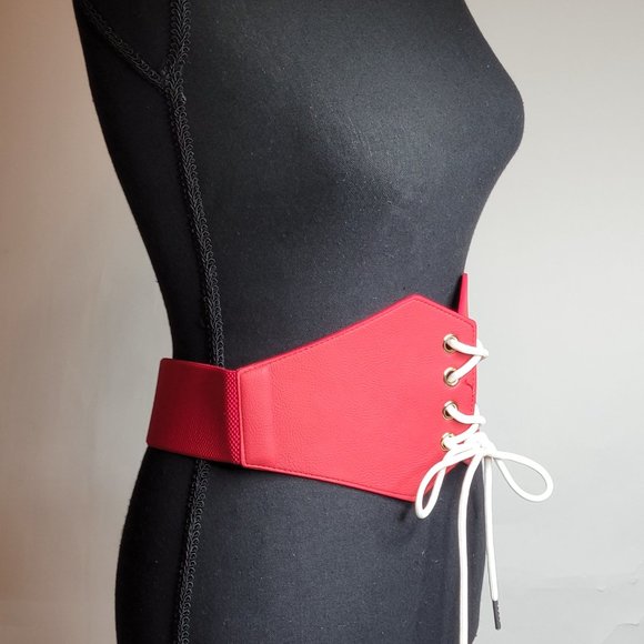 Women's LCF Steampunk Red and White Lace-up Elastic Waistband Corset Belt - Picture 6 of 17